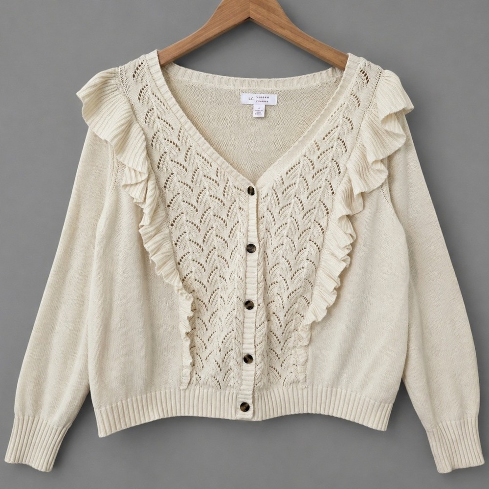 Pointelle Knit Cottagecore Cardigan Sweater Sz 2X Twee Button Up Ruffle